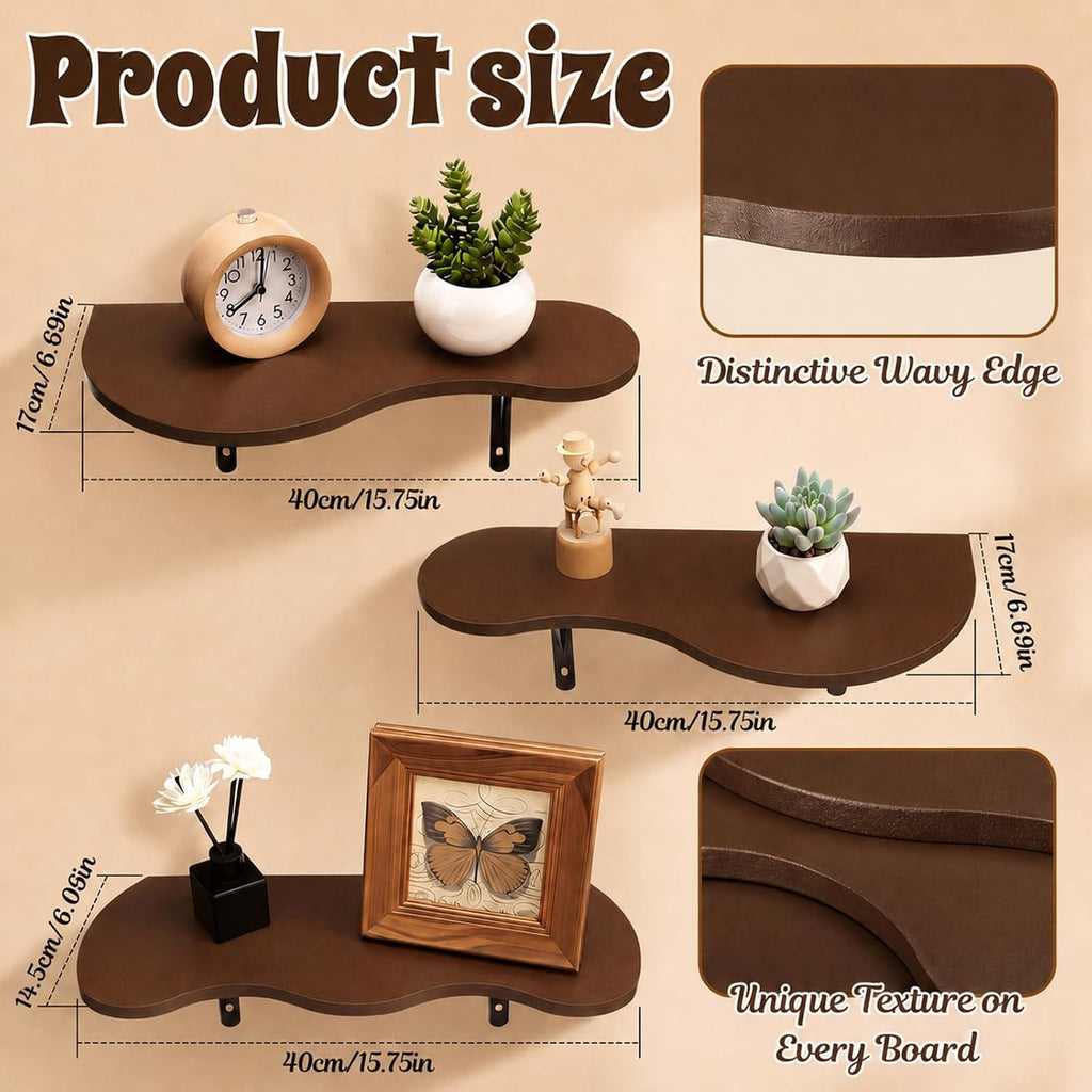 3 Pcs Wooden Floating Shelves Wavy Cloud Shelves Wood Walnut Shelf Live Edge Wall Mount Shelf Dark Brown Rustic