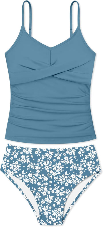 Girls Swimsuit 2 Piece Bathing Suit Criss Cross Ruched Girl Tankini Sets Printed Girls' Swimwear