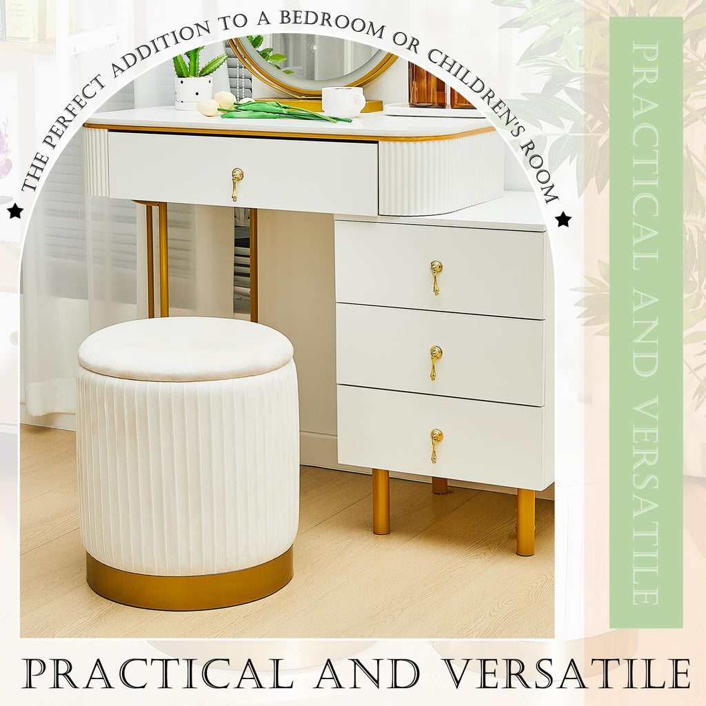 2 Pcs Round Ottoman with Storage White Velvet Storage Ottoman Stool with Removable Lid Gold Base Living Room Bedroom
