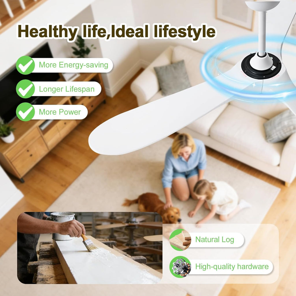 Inspired Maverick Style 52 Inch White Ceiling Fan with Light and Remote - 3 Solid Wood Blades, Dimmable LED, 6-Speed Quiet DC Motor