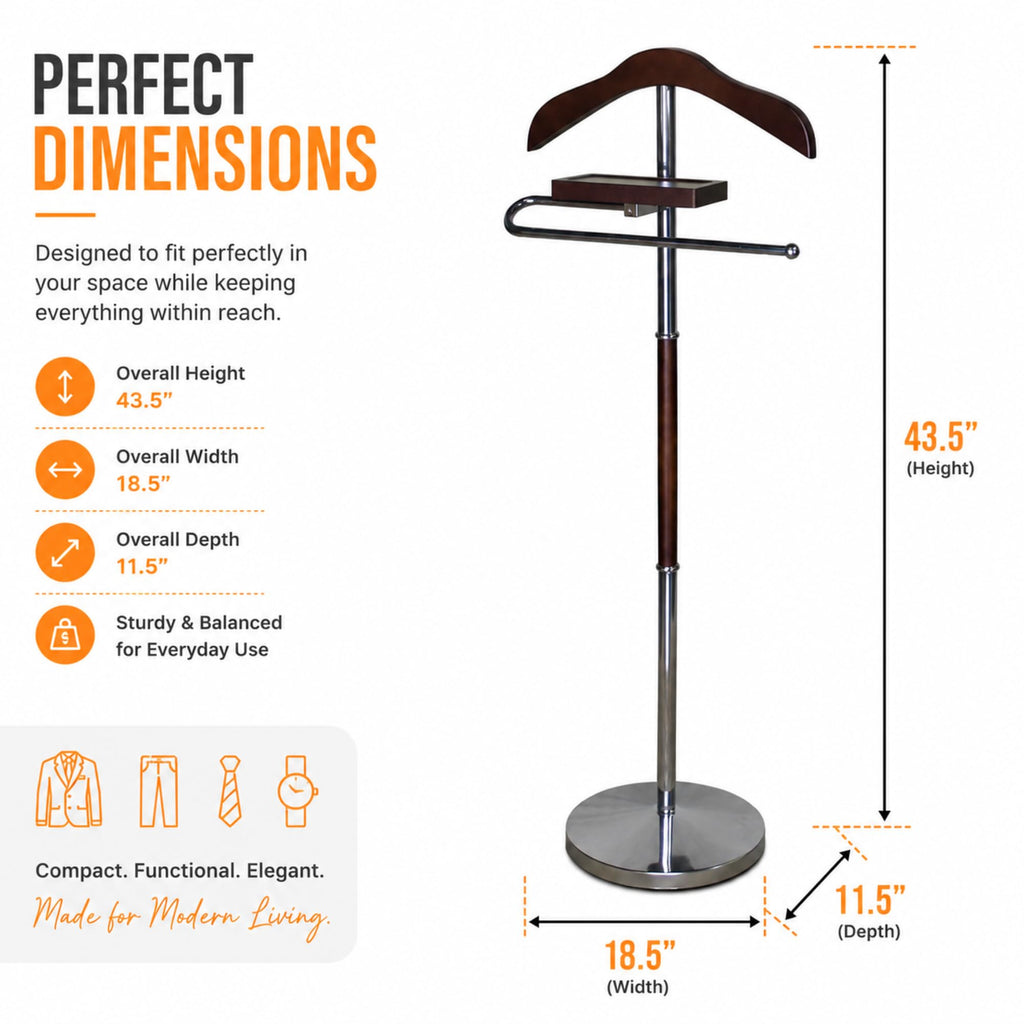 Brown Wooden Suit Valet Stand with Hanger Trouser Bar Storage Tray Elegant Clothes Organizer Closet Space Saving
