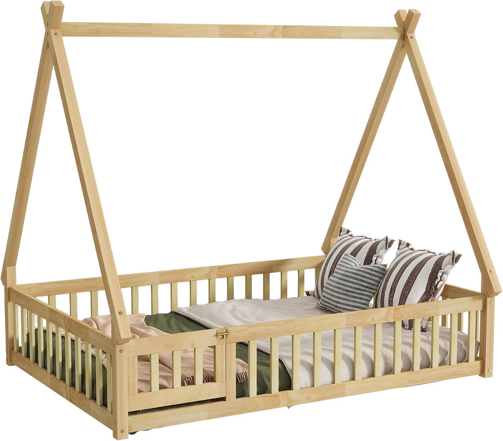 Tent Floor Bed for Kids, Montessori Floor Bed with Door and Guardrails, Teepee Bed for Girls