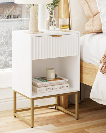 White Nightstand, Fluted Night Stand, Wood Bedside Table with Storage Drawer, Modern Side End Table, White