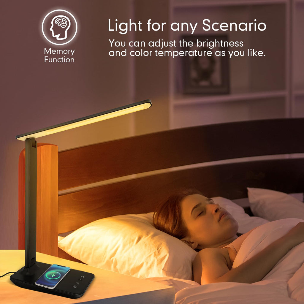 Crown LED Desk Lamp with 15W Wireless Charger & USB Port, Dimmable Table Lamp with 5 Lighting Modes, Sensitive Touch