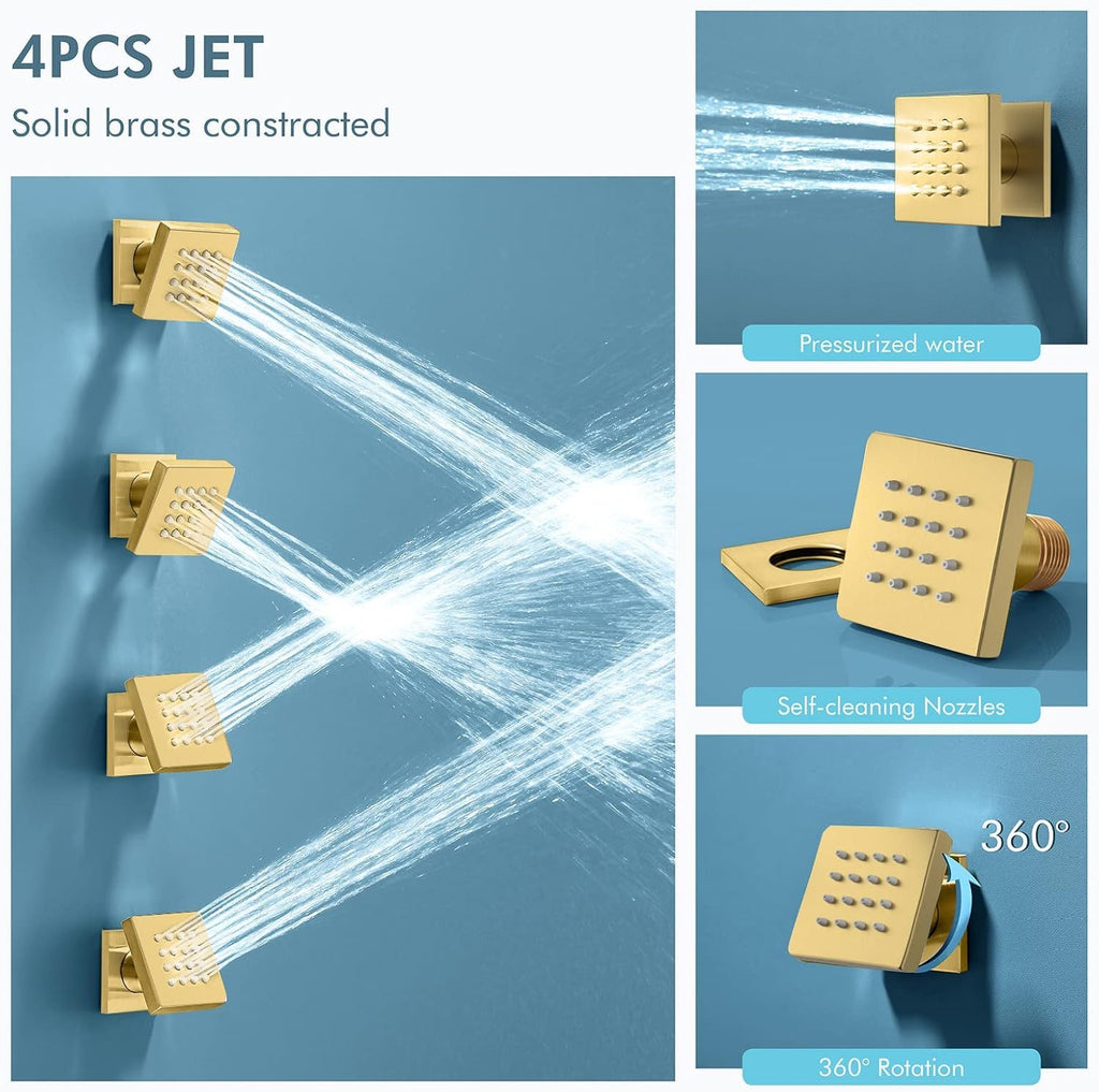 Shower System Brushed Gold Shower Faucets Sets, 10" Rain Shower Head with 2 In 1 Handheld Spray and 4 Body Jets, Wall