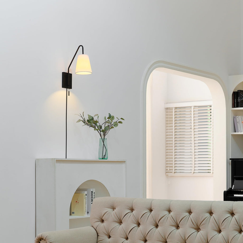 Matte Black Swing Arm Plug-in or Hardwire Wall Sconce with White Fabric Shade