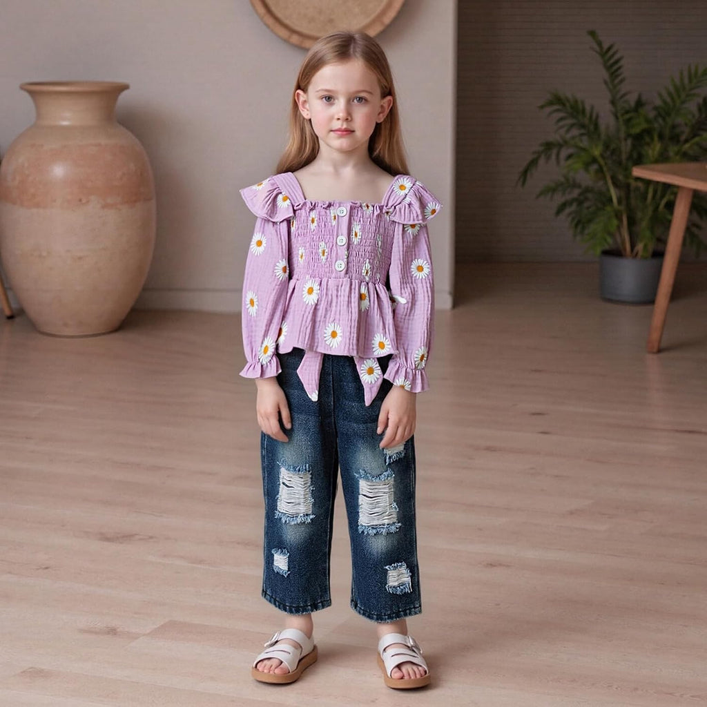 Toddler Baby Girl Clothes Linen Smocked Daisy Flutter Top Jeans Denim Pants Set Little Girls Fall Winter Ruffle Outfit