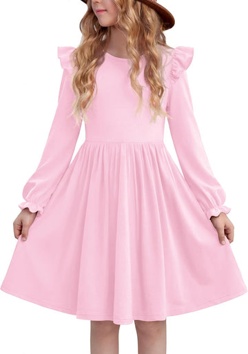 Girl Dress Puff Long Sleeve Fall Cotton Dresses with Pocket
