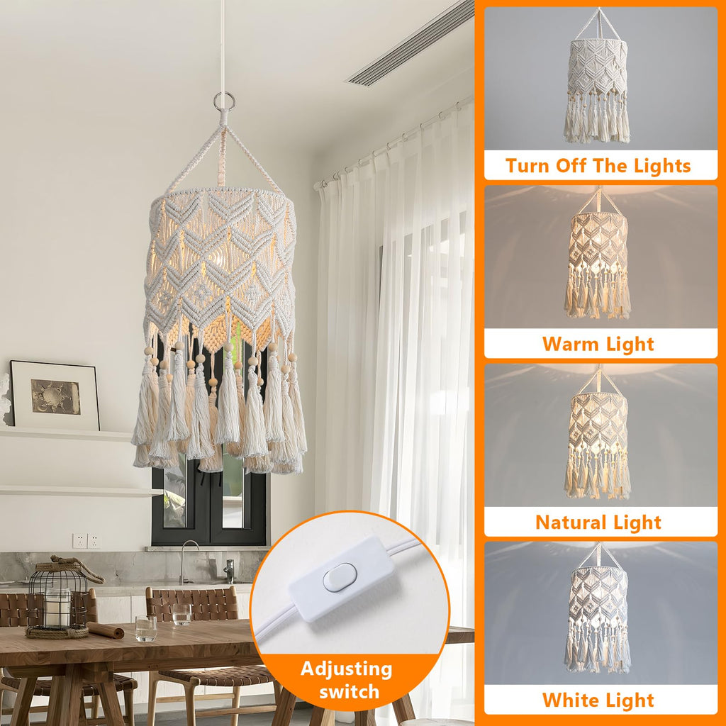 Boho Hanging Lamp, Macrame Lamp Shade, Pendant Light with Cord(9.8FT)