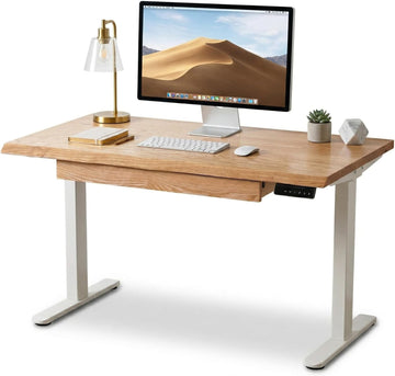 White Oak Solid Wood Standing Desk with Drawer, 60x27 | Live Edge Sit Stand Desk with Electric Adjustable Height Dual