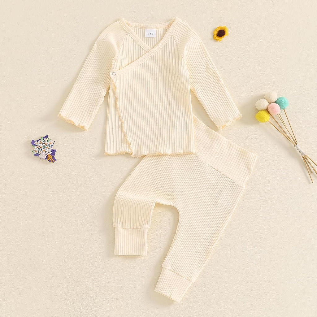 Baby Girl 2Pcs Fall Outfits Long Sleeve Wrap Front Ribbed Tops + Pants Set Toddler Clothes