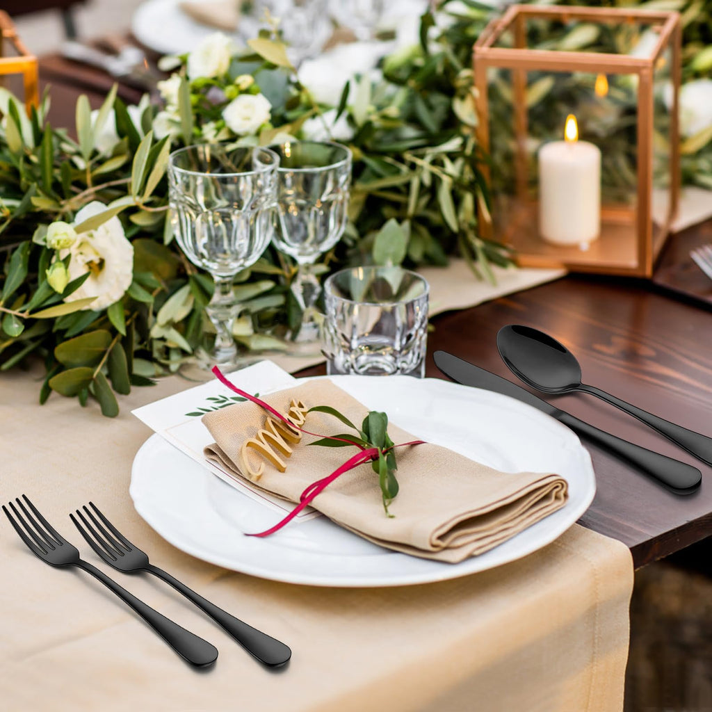 Black Silverware Set, Stainless Steel Flatware Cutlery Set Service for 8, Tableware Eating Utensils Include