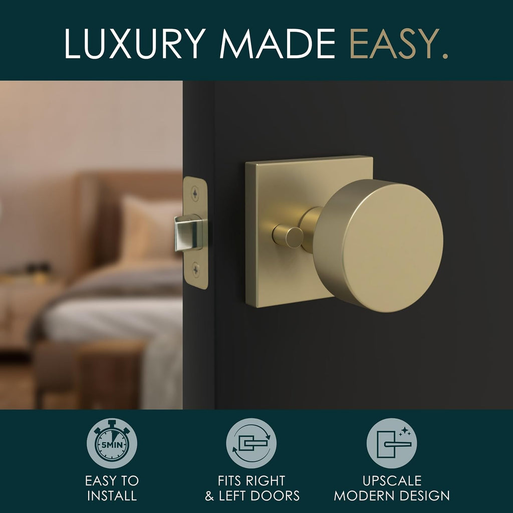 Privacy Door Knob with Lock , SUANA Reversible Interior Knobs, Zinc Alloy with Square Rosette, Fits Standard Sizes