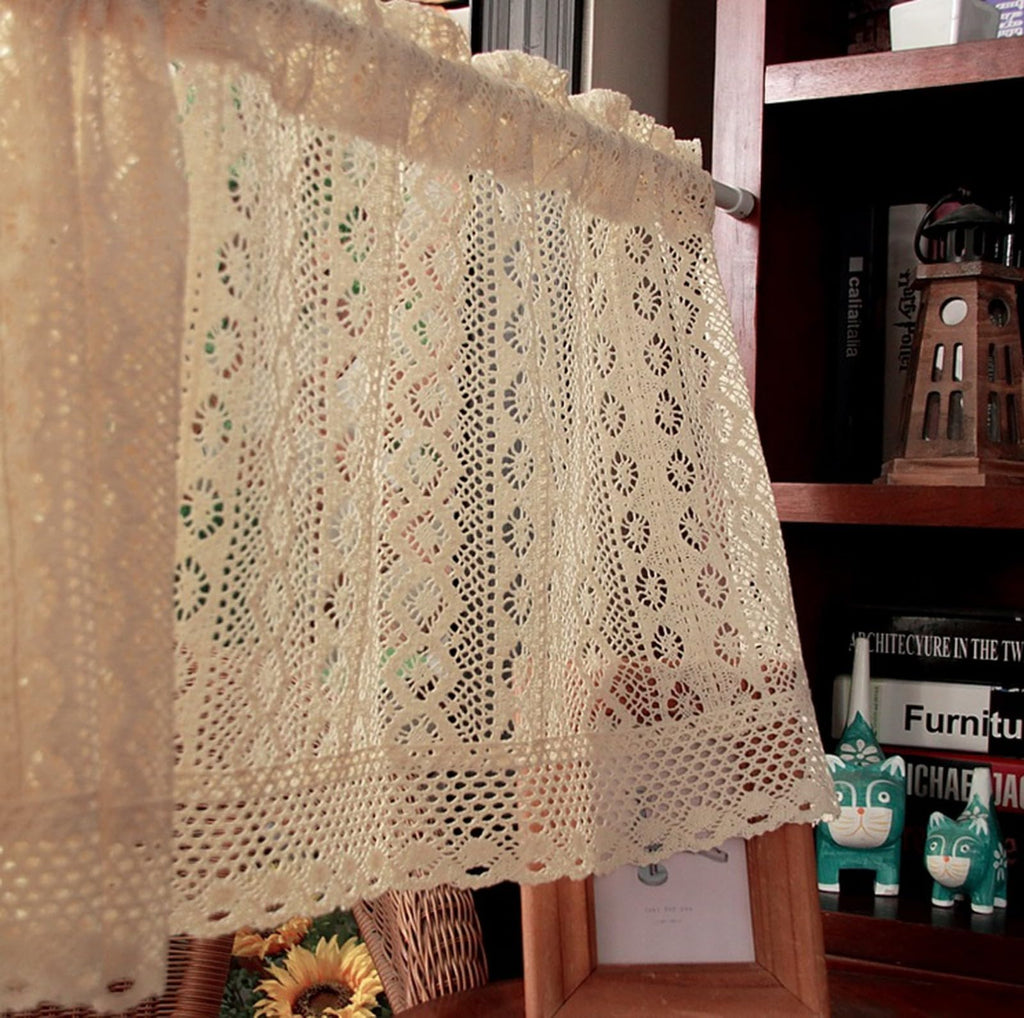 Short Curtain for Small Window Rustic Boho Cotton Geometric Hollow Crochet Lace Semi Transparent Cabinet Curtain Door