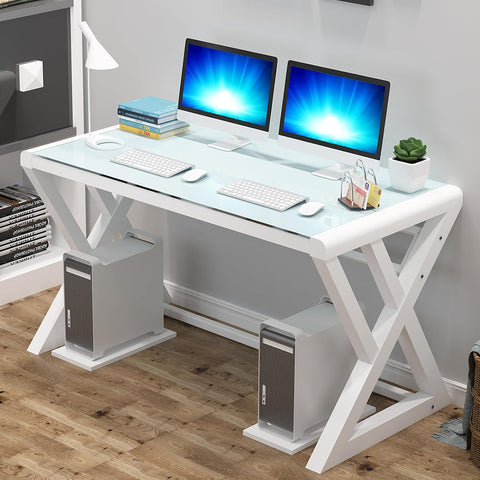 Computer Desk & Gaming Desk, Home Office Desks 55.1 Inch- Modern Simple Writing Study White Glass Computer Desk