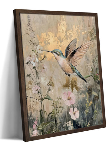 Vintage Floral Framed Wall Art, Hummingbird Gold Foil Style Canvas Prints Decor, Botanical Oil Painting in Wood