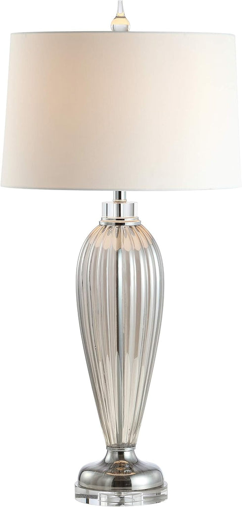33.5" Smoked Grey Glass/Crystal Table Lamp, Traditional Fluted Glass Column with White Faux Silk Dru