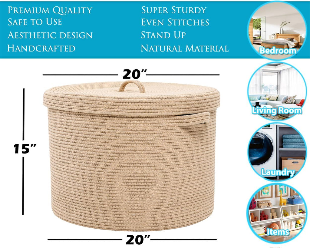16x18 Inch Extra Large Round Cotton Rope Storage Basket with Lid, Decorative Woven Bin with Cover Bedroom Closet
