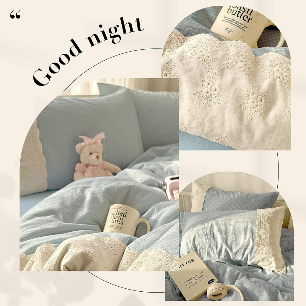 Light Blue Gingham Comforter Set - 3 Piece Soft Washed Microfiber Plaid Bedding Set with Lace Trim, All Seasons