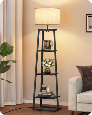 Floor Lamp with 3-Tier Storage Shelves, Standing Floor Lamp with Pull Chain Switch, Industrial Shelf Floor Lamp, Bulb
