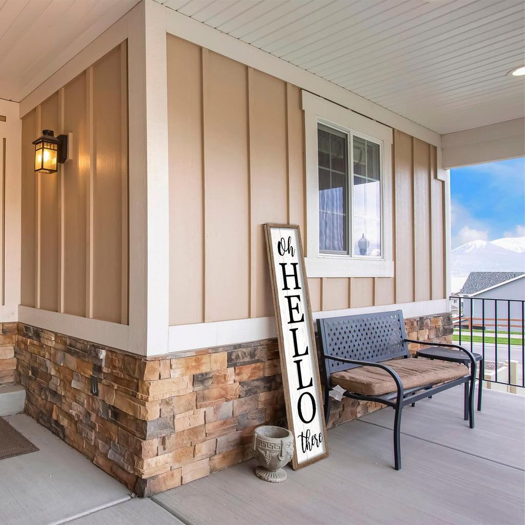 Oh Hello There Welcome Sign For Front Porch Standing 45"X9" Tall Wood Frame Outdoor Vertical Decor for Farmhouse
