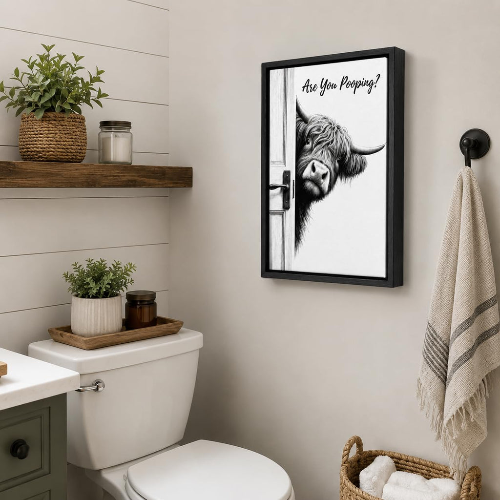 Framed Funny Bathroom Wall Art, Highland Cow Are You Pooping Canvas Print, Black and White Humor Bathroom Animal
