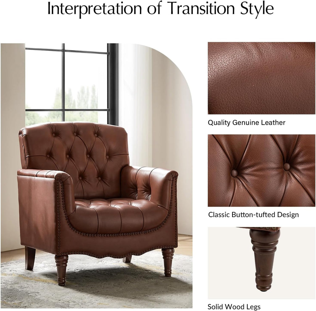 Mid Century Modern Genuine Leather Accent Chair, Brown