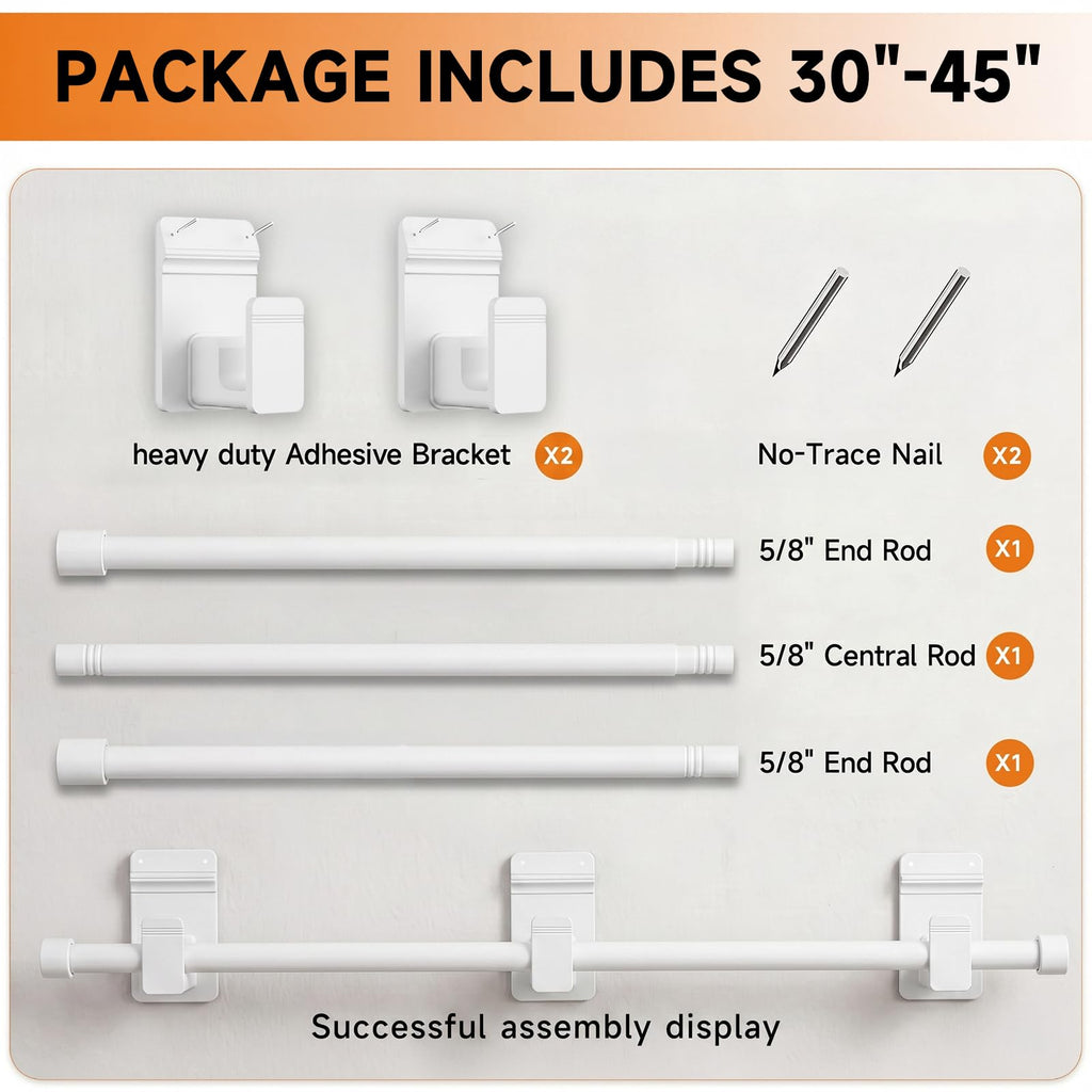 No Drill Curtain Rods for Windows 30 to 45 Inches, Upgrade Dual Support: Adhesive & Invisible Nail 5/8 Inch Curtain