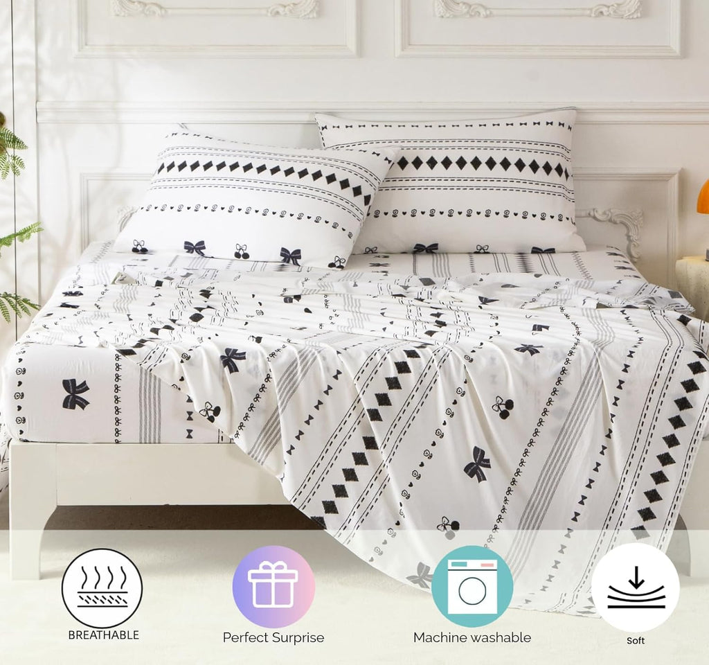 7PCS Bow Floral, Cherry Comforter and Sheet Set Queen Size, Boho Print Pattern Bedding Sets for Man Woman Adult