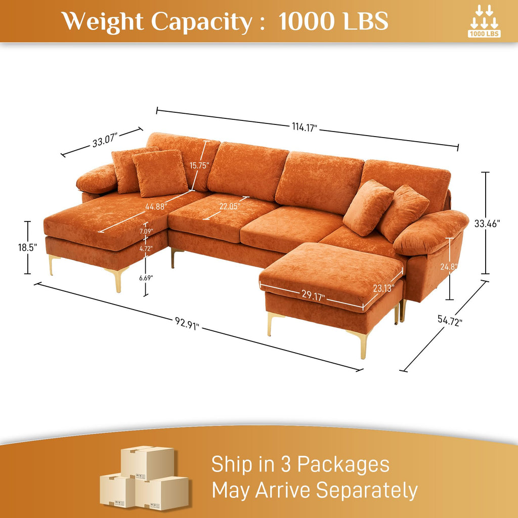 114" U-Shaped Velvet Sectional Couch with Ottoman, Orange