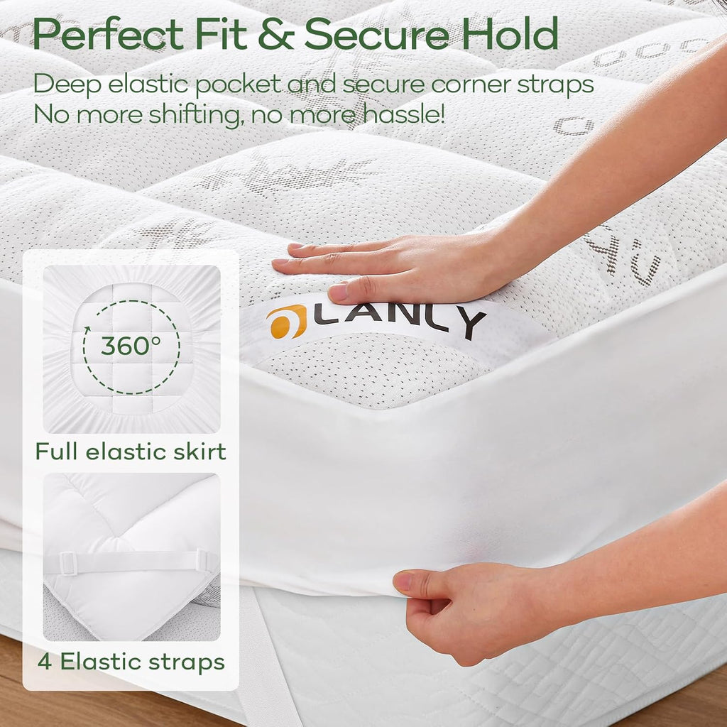 Full Bamboo Viscose Cooling Mattress Topper, White | Soft Quilted Comfort, Pillow Top Mattress Pad, Plush Down