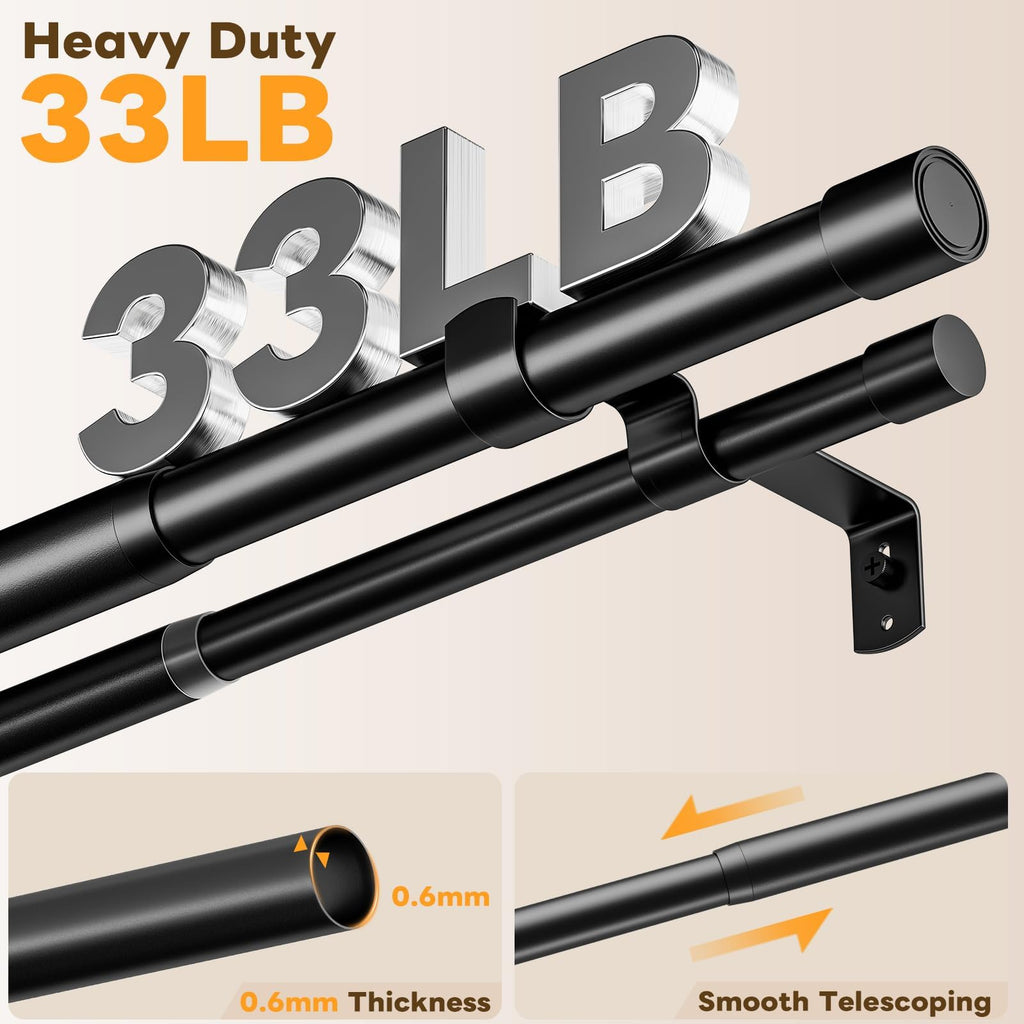 Double Curtain Rod 100 to 123.8 Inch, 1 Inch Telescoping Double Curtain Rods for Windows, Black Double Curtain Rod