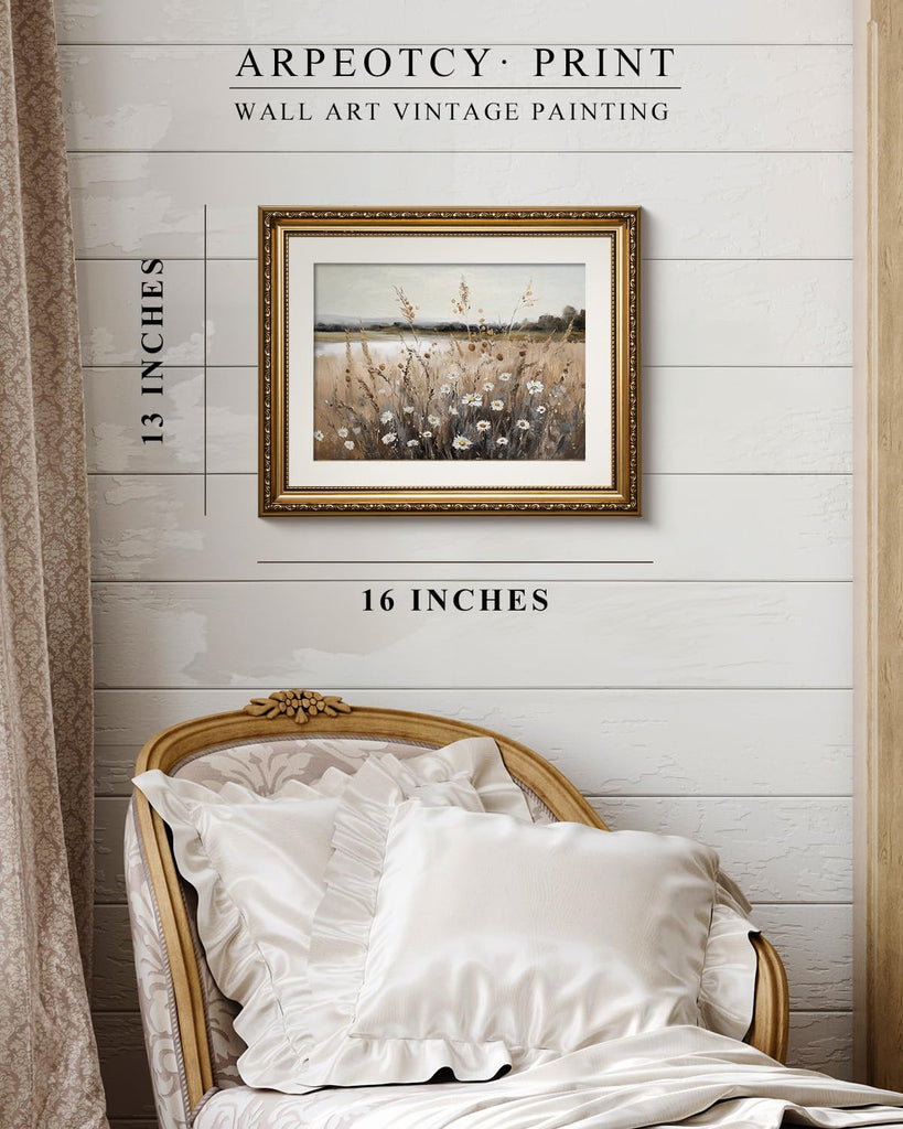 Gold Framed Canvas Wall Art, Wildflower Autumn Field Art Prints, Rustic Fall Landscape Decor Bedroom Fireplace
