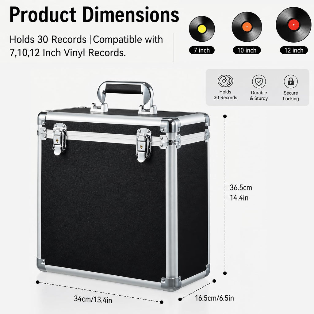 Vinyl Record Storage Box Holds 30 LPs for 7/10/12 Inch Records, a Lockable Aluminum Crate & Record Holder for