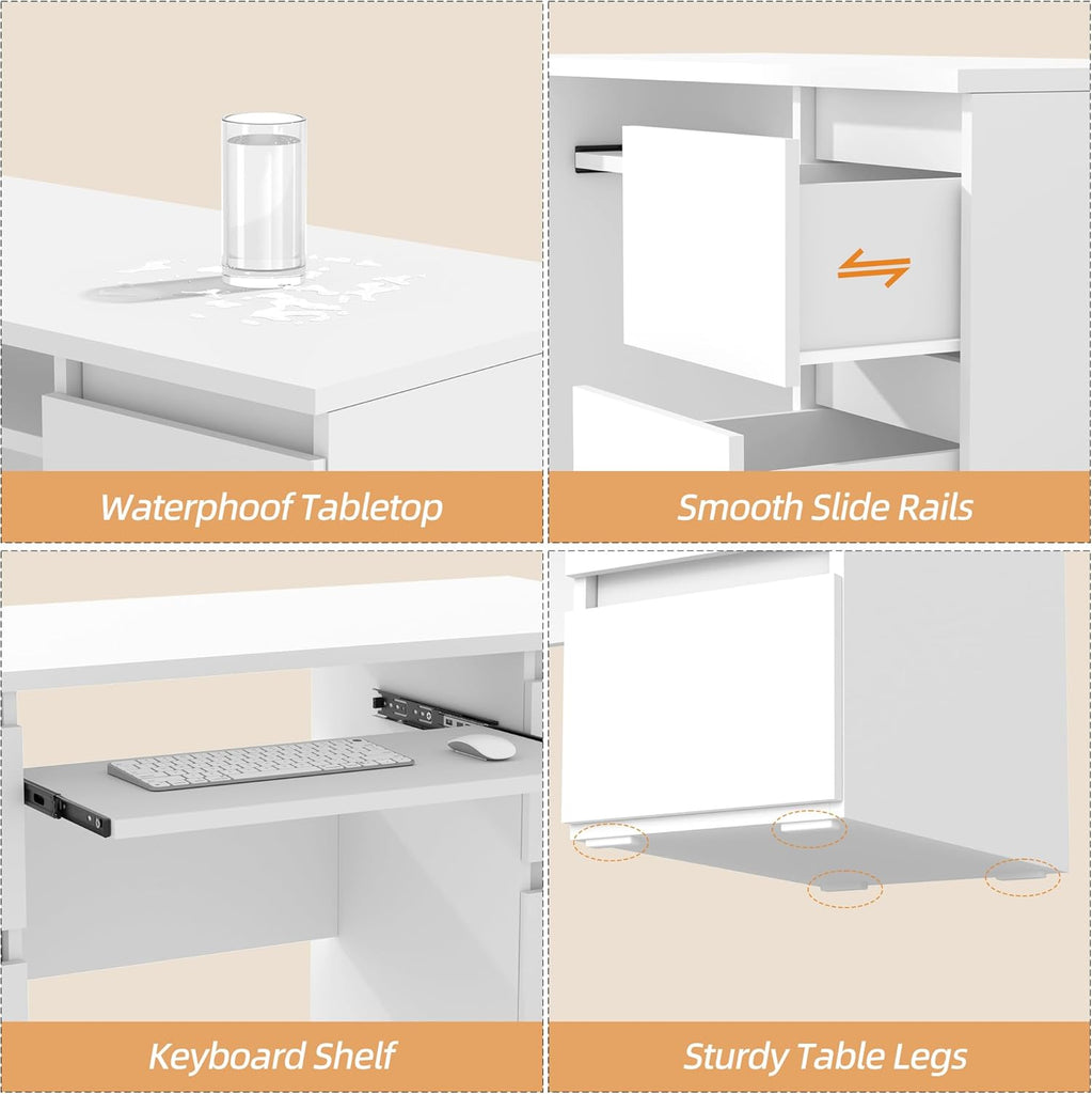 Computer Desk with 6 Drawers, 47'' Home Office Desk with Storage & Keyboard Shelf, White Gaming Desks