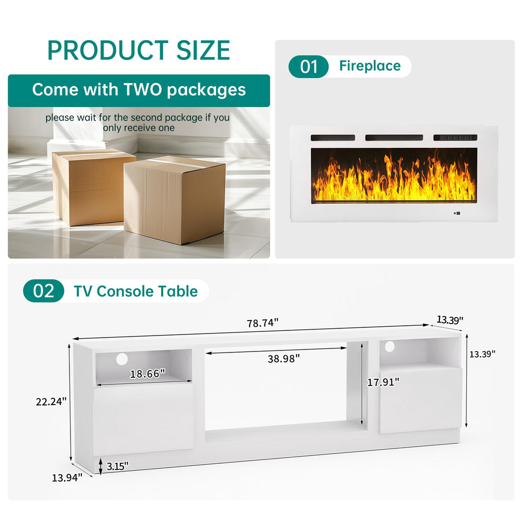 80" Fireplace TV Stand for TVs Up to 90", LED Light Entertainment Center with 36" Electric Fireplace, Modern Wood