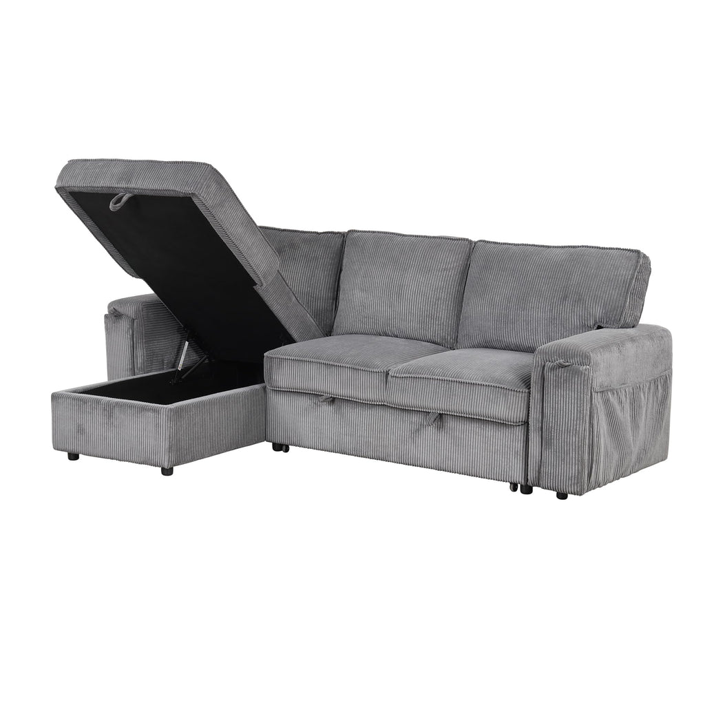 96" Convertible Sleeper Sofa Bed, Modern Corduroy Pull Out Couch with Storage Chaise, L-Shaped Sectional Sofa with