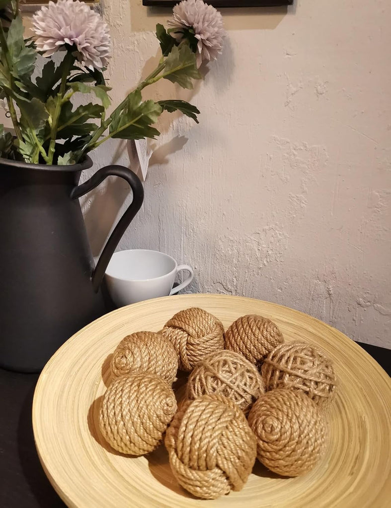 Rustic Jute Orbs, Farmhouse Decorative Balls for Bowls, Vase Fillers, Christmas Centerpiece, Handwoven Home - Set of 8