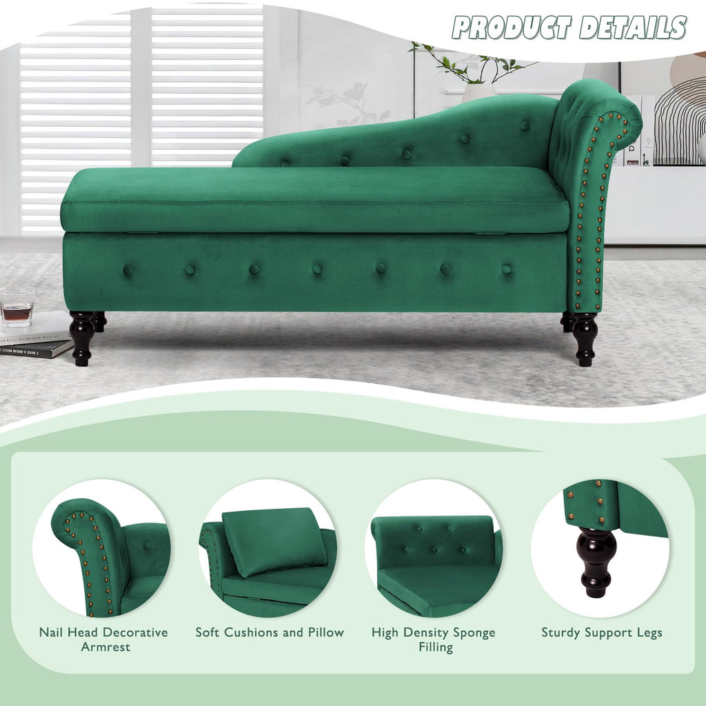 Velvet Chaise Lounge w/Right Armrest & Storage Space, Green