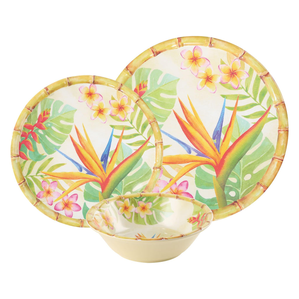 12 Piece Bird of Paradise Melamine Dinnerware Sets, Outdoor Dishes Set, Plates and Bowls Sets, Service for 4