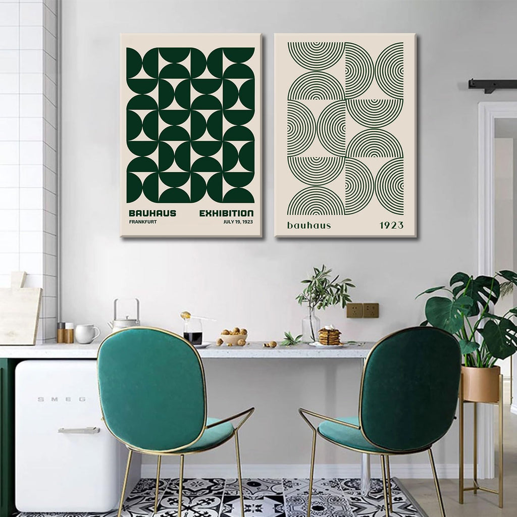 Green Bauhaus Wall Art, Mid Century Geometric Wall Decor, Set of 2 12x16 in