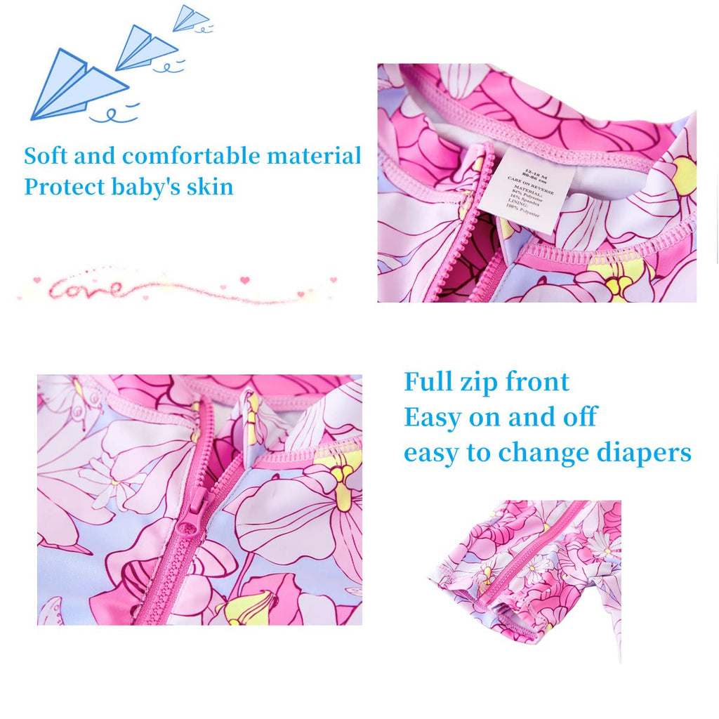 Toddler Girls Swimsuit One Piece Full Zip with Long Sleeve UPF 50+ Sun Protection Swimwear Rash Guard Shirts Pink