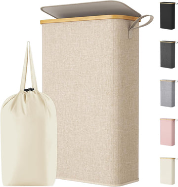 65L Slim Laundry Hamper with Lid, Narrow Laundry Basket with Removable Bag & Bamboo Handles, Fodable Thin Dirty