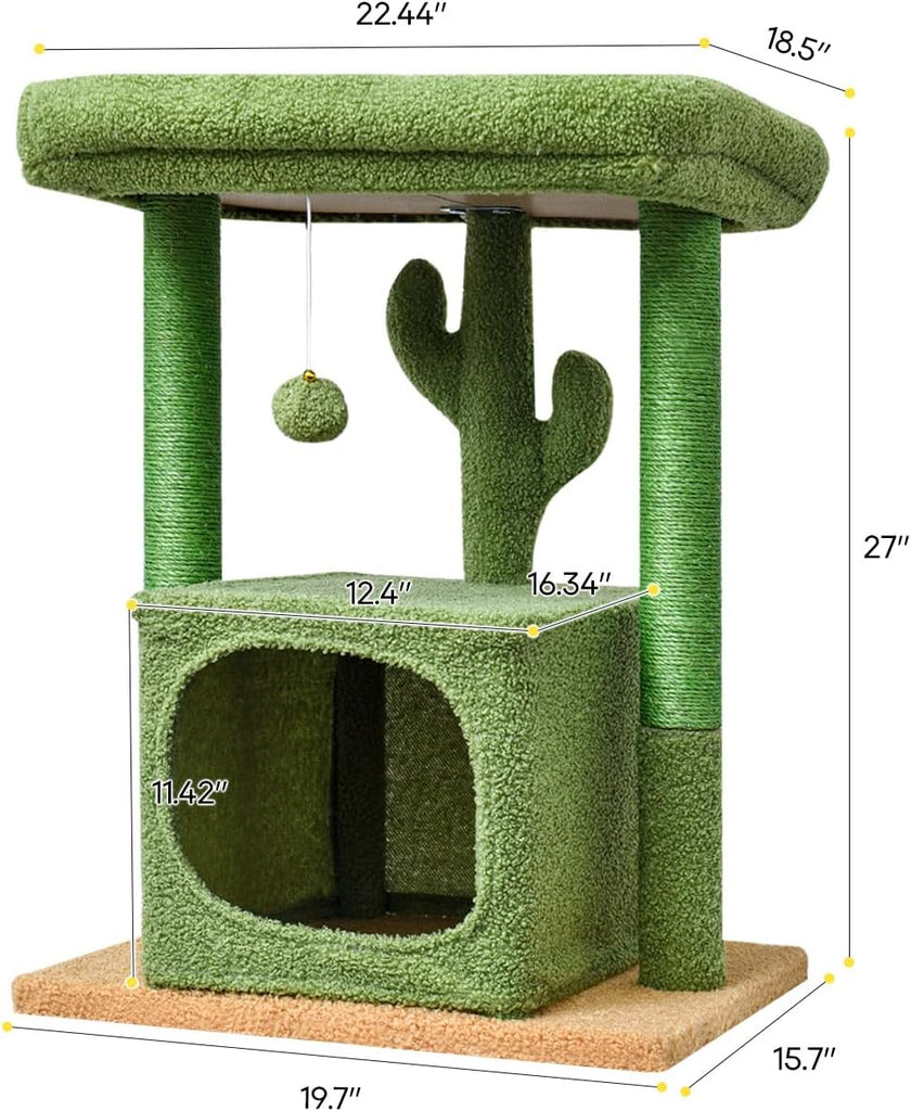 27" Cactus Cat Tree for Indoor Cats, Green Modern Activity Tower