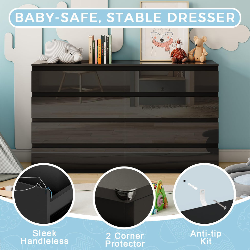 8 Drawer Dresser Black 55" Wide Multi-Functional Storage Organizer