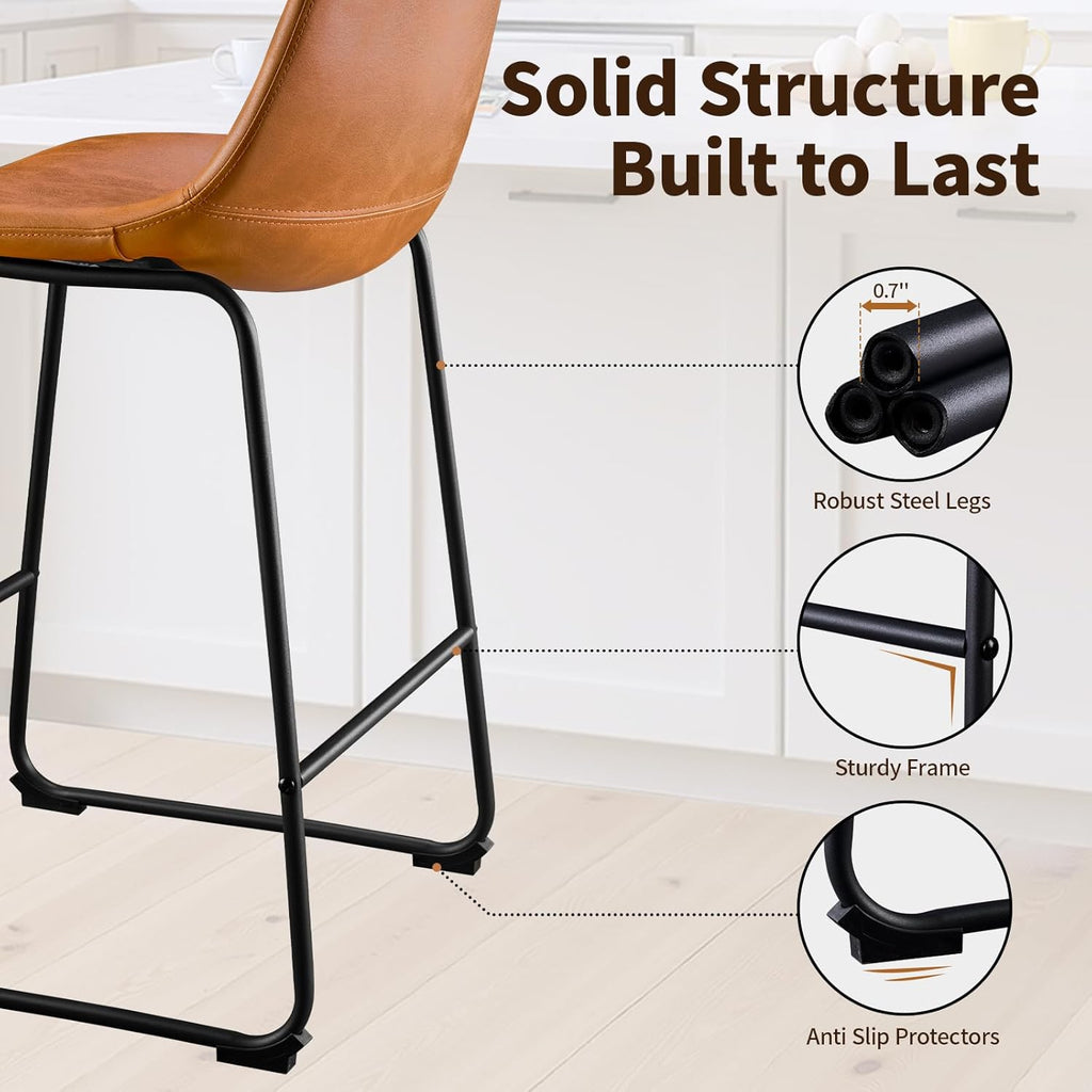 26 Inch Bar Stools Set of 2, Counter Height Bar stools Island, Modern Crazy Horse Leather Bar Stool with Back