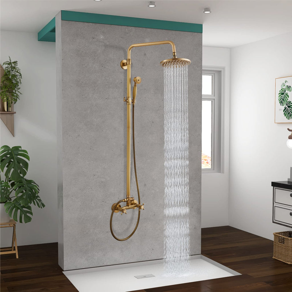 Dual Shower System, 8 Inch Rain Head, Handheld, Antique Brass