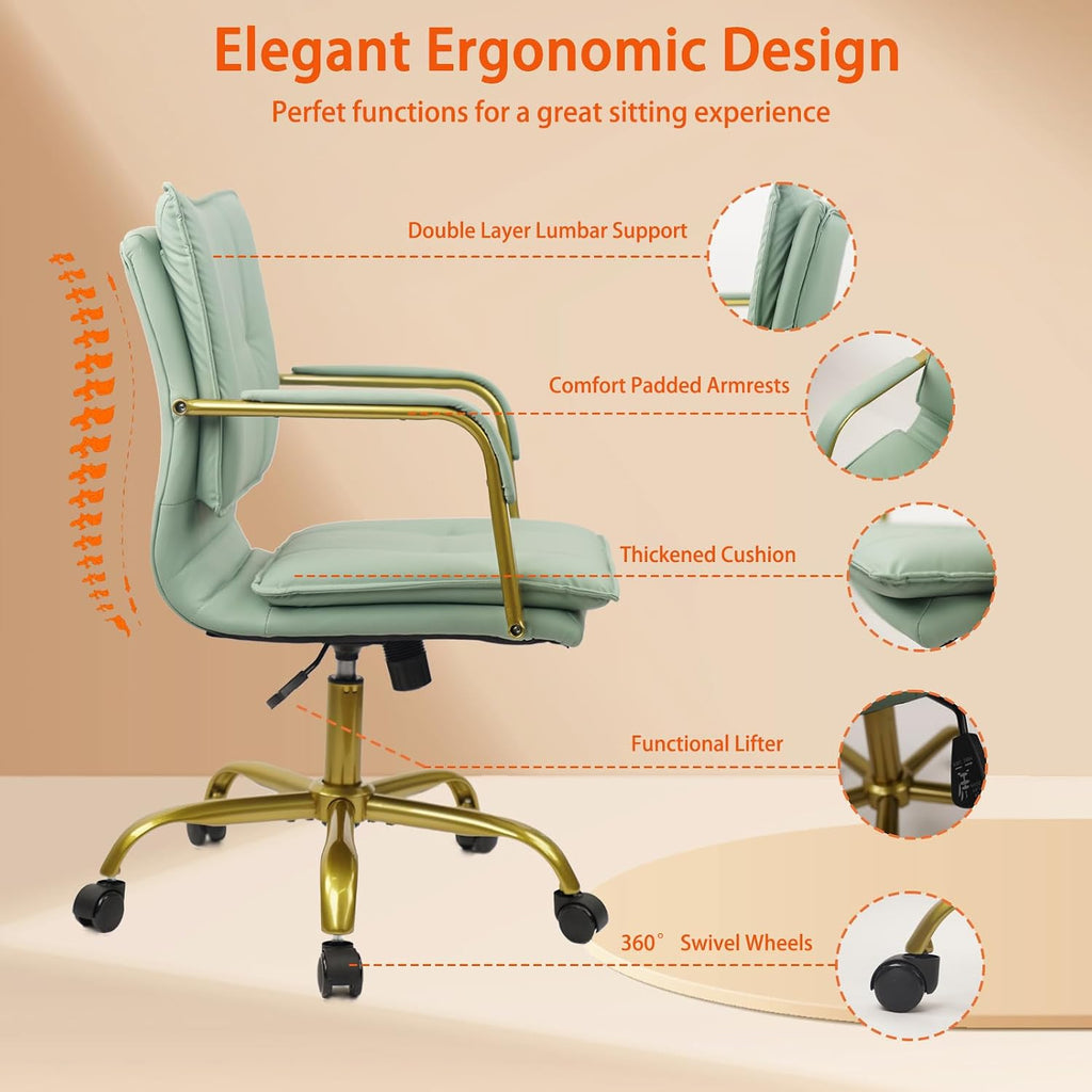 Leather Home Office Desk Chairs, Swivel Mid-Back Computer Chair with Golden Legs and Arms, Comfy Upholstered Task