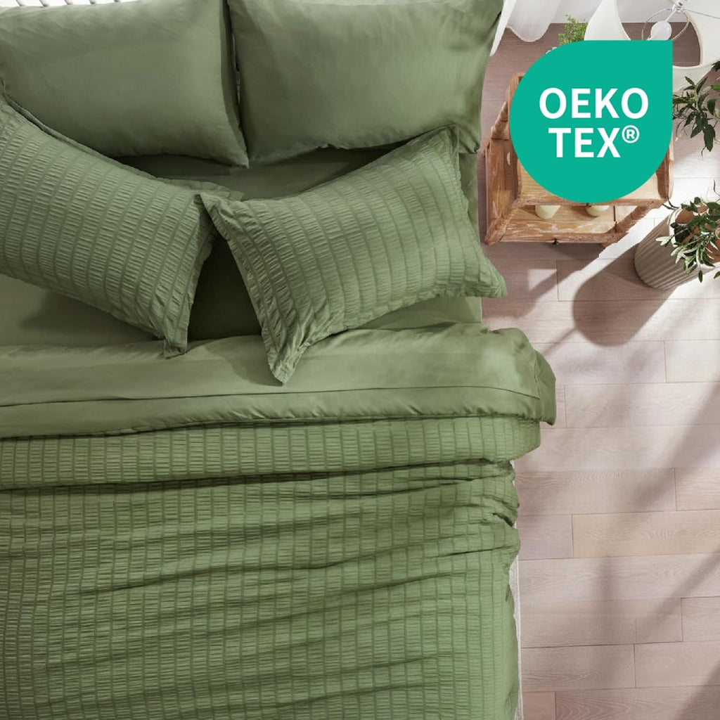 Queen Comforter Set 7 Pieces, Olive Green Seersucker Bed in a Bag with Comforter and Sheets