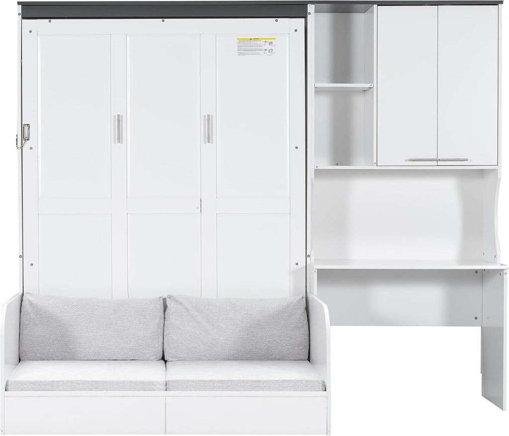 Queen Wood Murphy Bed with Upholstered Sofa & Desk, Multifunctional Foldable Wall Platform Bed for Guest-Room